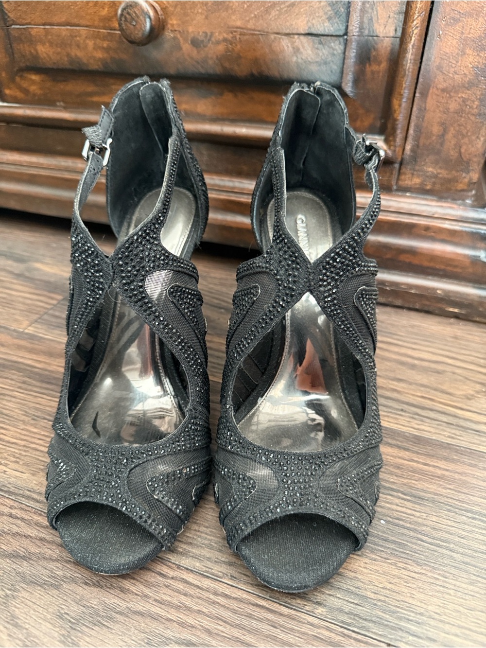 Gianni Bini Elegant Black Rhinestone Peep-Toe High Heels